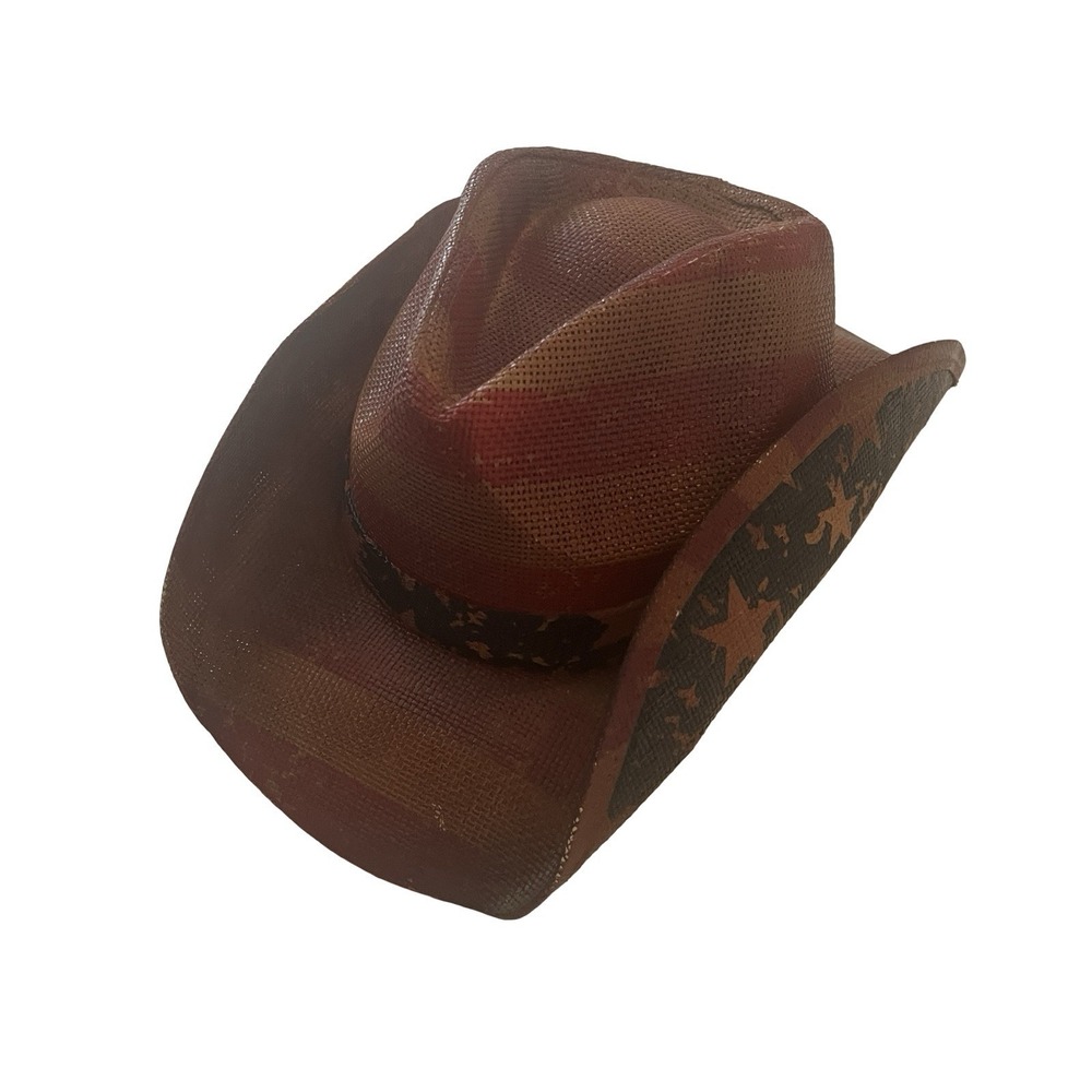 VTG Milani Cowboy Hat 100% Straw USA Patriotic Stars Stripe Red White Blue